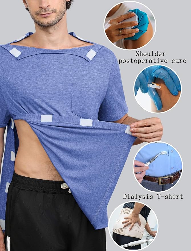 Deyeek Shoulder Post Surgery Recovery Shirts for Men Full Tear Away Short Sleeve T Shirt Adaptive Chemo Clothing