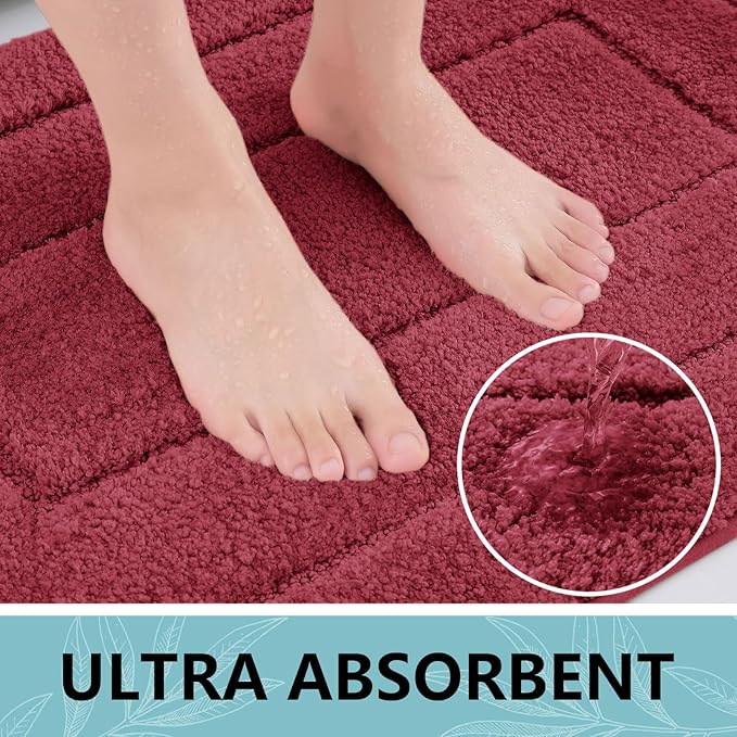 Buganda Bathroom Rugs, 30" x 20", Soft and Absorbent Microfiber Bath Rugs, Non-Slip Shaggy Shower Carpet, Machine Wash Dry Bath Mats for Bathroom Floor, Tub and Shower, Burgundy