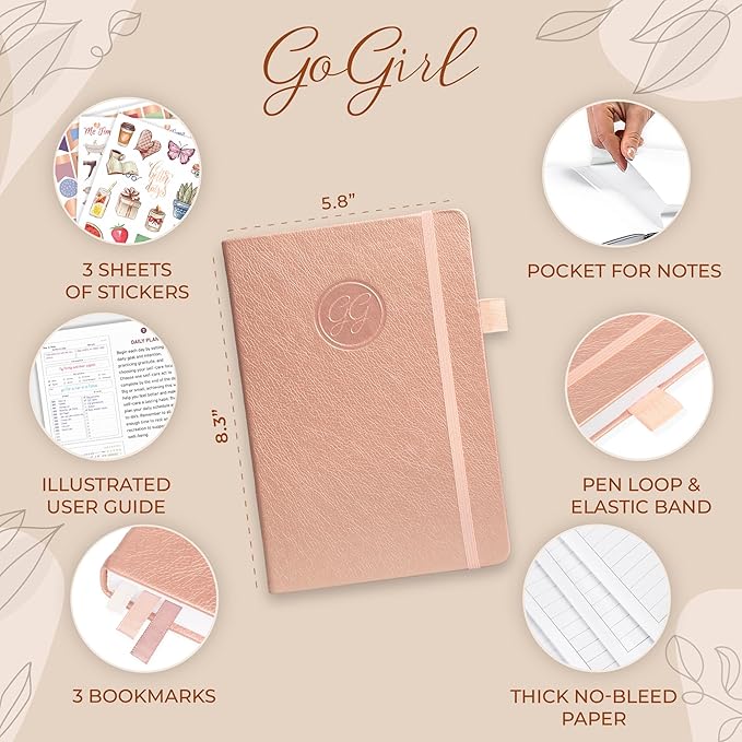 GoGirl Self-care Journal – Daily Mental Health Notebook with Mood & Wellness Trackers – Personal Development, Meditation & Reflection Journal for Women – Hardcover, Lasts 3 Months (Rose Gold)