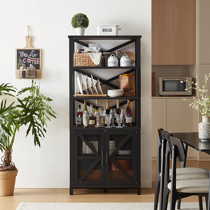 5 Tier Bookshelf 70" Tall Bookcase with Barn Doors,Large Farmhouse Display Book Shelf with Adjustable Shelves and Storage Cabinet， Wood Bookshelves for Living Room,Kitchen,Antique Black(2PCS)