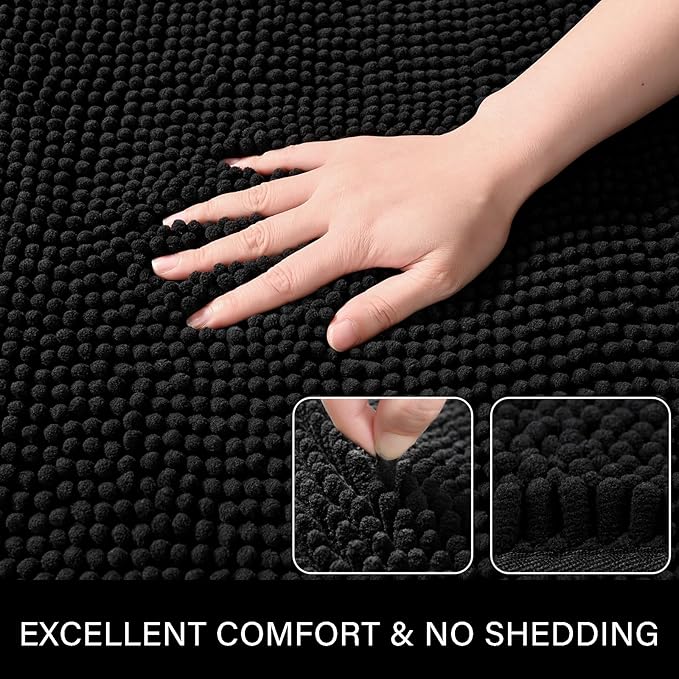 LOCHAS Luxury Bathroom Rug Shaggy Bath Mat 24 x 44 Inch, Washable Non Slip Bath Rugs for Bathroom Shower, Soft Plush Chenille Absorbent Carpets Mats, Black