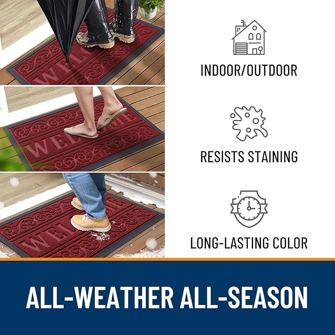 OLANLY Welcome Door Mat Indoor Outdoor Entrance, Heavy Duty Sturdy Front Door Mat, Waterproof All-Weather Doormat, Stain Resistant, Low Profile, Easy Clean Patio Entryway Mat, 29.5 x 17, Wine Red