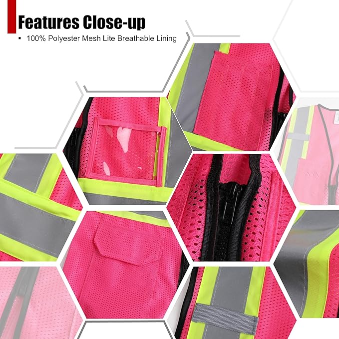 Reflective Safety Vest for Men Women Hi Vis Vest with Pockets High Visibility Vest Mesh Construction Vests Meets ANSI/ISEA Standards (Pink-33, X-Large)