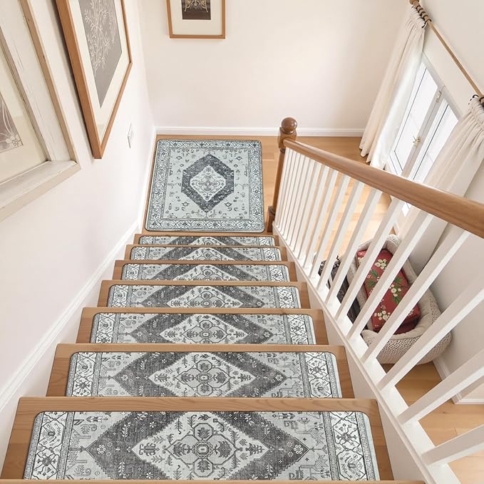 OJIA Stair Treads for Wooden Steps Non-Slip Landing Mat Stair Rug with Rubber Backing, Stair Runner Matching Mat Safety Rugs for Family, Absorbent Washable 31x31 inch, Gray