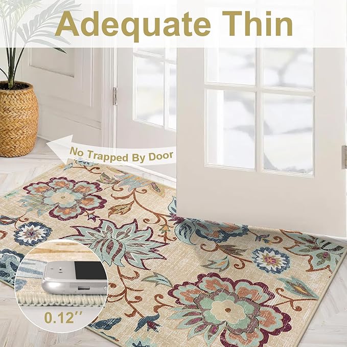 Beeiva Floral Rug Runners for Hallways, 2x5 Ultra Thin Beige Kitchen Runner Rug Washable, Vintage Plant Non-Shedding Bathroom Front Door Rug Non-Slip Hallway Runner Rug for Entryway Bedroom Kitchen