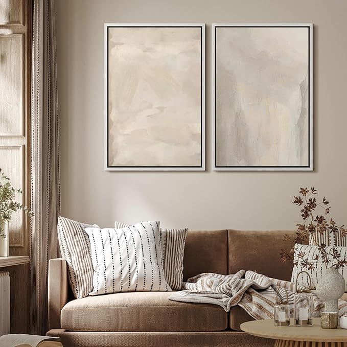 MUDECOR Framed Canvas Print Wall Art Abstract Neutral Tones Minimalist Earthy Color Palette Illustrations Modern Art Decorative Chic for Living Room, Bedroom, Office - 16"x24"x2 White