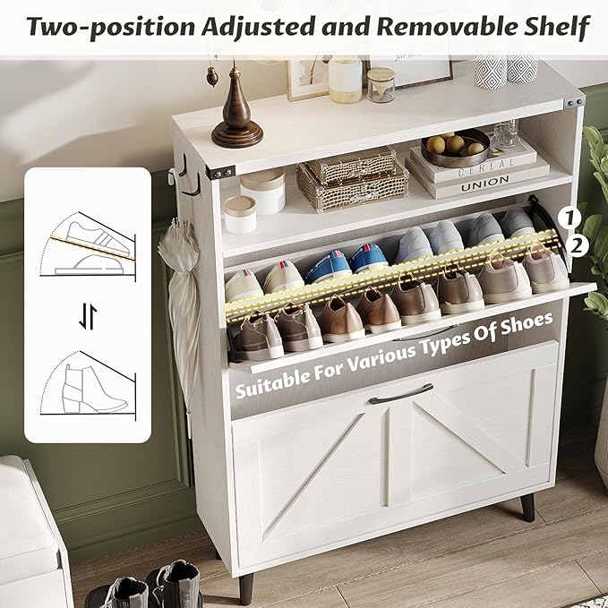 Shoe Cabinet with 2 Flip Drawers & Open Storage,Farmhouse Shoe Storage Cabinet for Entryway,Freestanding Narrow Organizer Rack with Legs,Foyer,Hallway,White