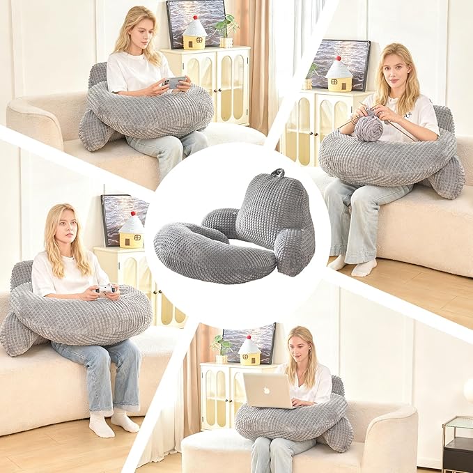 Reading Pillow for Bed,U Shaped & Back Support Pillow for Bed,19" Backrest with Lumbar & Arm Support,Comfy Flannel Fabric,Lap Pillow for Gaming/Reading/Watching TV,Gray