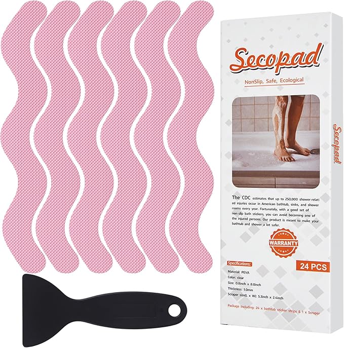 Anti Slip Shower Stickers, Adhesive Decals Safety Strips with Scraper for Bath Tub, Shower Floor, Stairs, 24 Pieces (Pink)