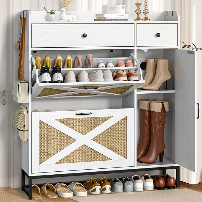 Shoe Cabinet with 2 Flip Cabinets & Side Cabinet, Shoes Cabinet with Adjustable Shelves, Shoe Storage Organizer for Entryway, Hallway Living Room, Space-Saving, White