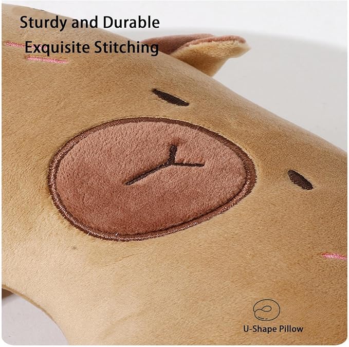 U Shape Travel Pillow - Capybara Plush 2 in 1 | Neck Support Cushion for Children Adults | Airplane Sleeping Pillow for Car Camping Office Road Trip Home | Soft Travel Comfort Accessory