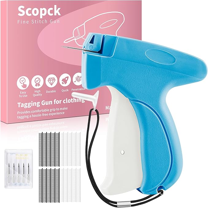 Stitch Gun for Clothes - Handheld Stitch Gun Quick Clothing Fixer - Mini Sewing Kit Micro Tagging Gun - Includes 6 Needle, 1000 Black Fasteners and 1000 White Fasteners (Blue-White)