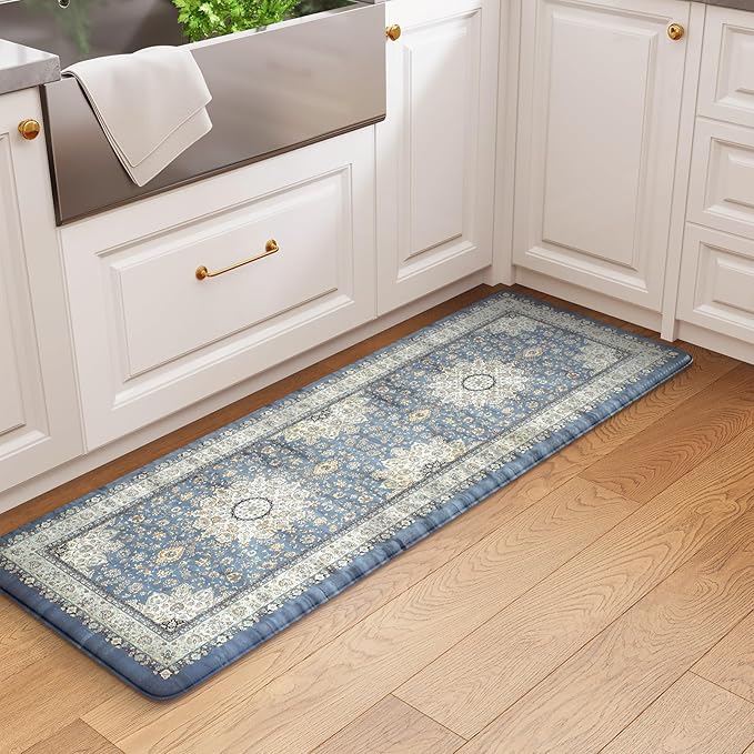 Collive Cushioned Kitchen Floor Mats, Anti Fatigue Kitchen Mats for Floor Non Slip Waterproof Sink Rugs, Comfortable Standing Desk Mat for Office, Laundry Room, 17"x47"-Blue