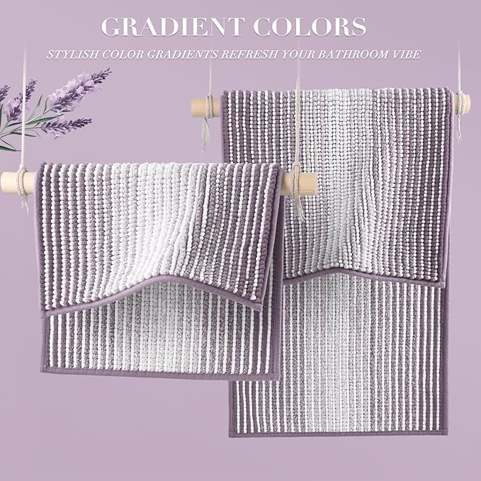 BSICPRO Bathroom Rugs Sets 3 Piece, Toilet Rugs U-Shaped Contour Bath Mat Set, Striped Absorbent Non Slip Chenille Shower Mat, Lavender Purple