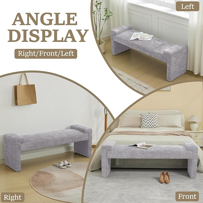 58.7" End of Bed Bench Upholstered Modern Bedroom Bench for Living Room & Entryway, Easy Assembly, Footrest Ottoman Accent Window Bench with Solid Wood Frame & Curved Arm, Grey