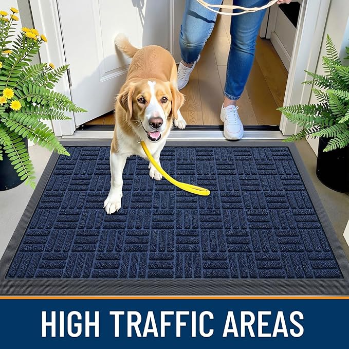 OLANLY Front Door Mat Outside Entrance 29.5x17, Absorbent, Heavy Duty Sturdy Natural Rubber Doormat Indoor Outdoor, Non-Slip, Stain and Fade Resistant, Low Profile Floor Mat for Entryway, Navy Blue