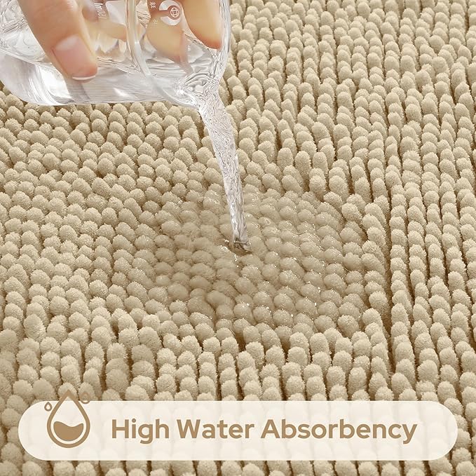 HOMEIDEAS 3 Pieces Bathroom Rugs, Extra Large Ultra Soft Non Slip Absorbent Chenille Toilet Bath Mat Set (Beige)