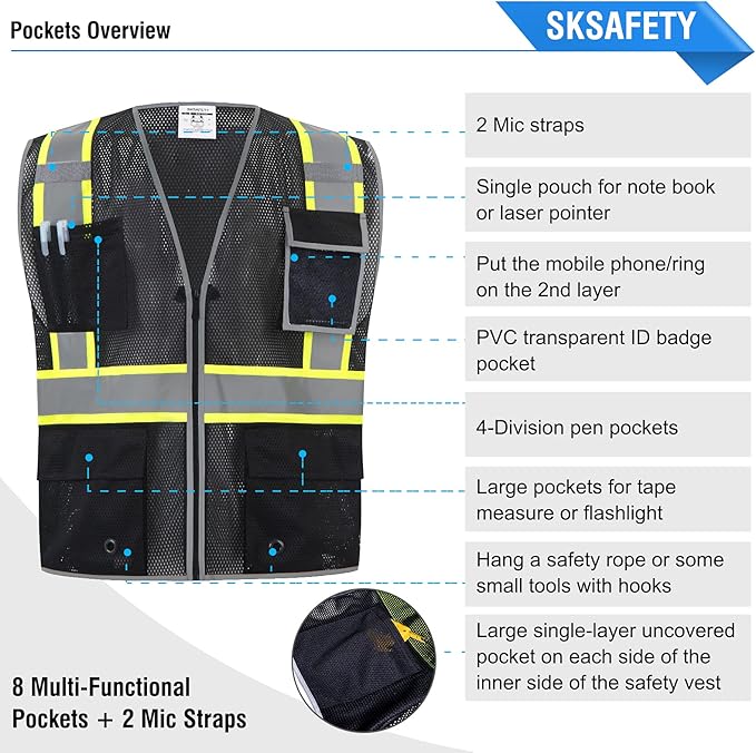 SKSAFETY 10 Pockets Safety Vest, Class 2 High Visibility Security with Zipper Double-sided mesh, Hi Vis Vest with Reflective Strips, ANSI/ISEA Standard, Construction Work Vest （Black, M）