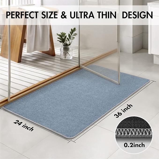 MIULEE Set of 2 Ultra Thin Bathroom Rugs, Rubber Bath Mats for Bathroom Non Slip, Quick Dry Absorbent Bath Rug Machine Washable, Fit Under Door, Shower, Sink, Home Decor, Blue, 24x36 Inch