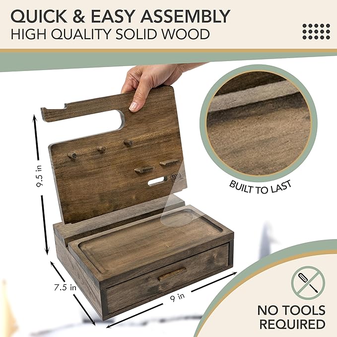 Nightstand Organizer for Men- Bedside Table Organizer with Drawer for Cellphone, Watches, Sunglasses & Accessories- Makes an Ideal Gift for Dad or Son (Rustic)