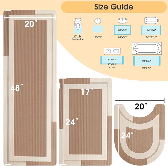 ACCUMTEK Ultra Thin Bath Mat, Upgrade Backing Non Slip Thin Bath Mats Fit Under Door, Quick Dry Ultra Absorbent Bathroom Rugs, Machine Washable Bath Rugs for Bathroom, Bathtub, Taupe/Bordered/3 Piece