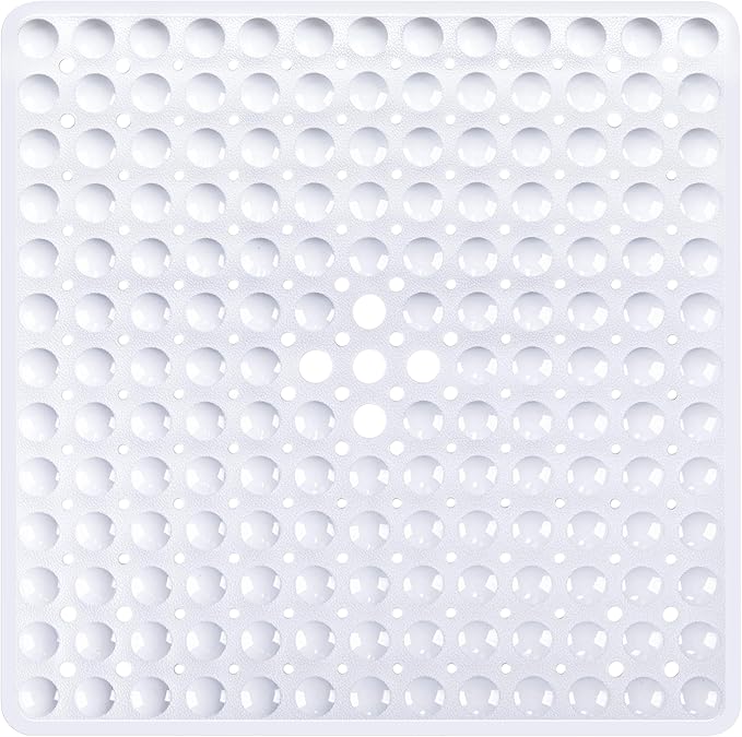 White Square Shower Bathtub Mat Non Slip 21x21 Inch, Soft Bath Mat for Inside Shower Tub, Shower Stall Mats for Bathroom Floor with Big Suction Cups Drain Holes, Easy Washable Dry BPA-Free