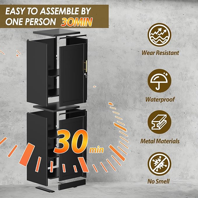 67" Metal Storage Cabinet with Lock, Tall Narrow Office File Cabinets with 2 Doors & 4 Adjustable Shelves, Metal Steel Locker for Home, School, Office, Garage or Gym (Black)