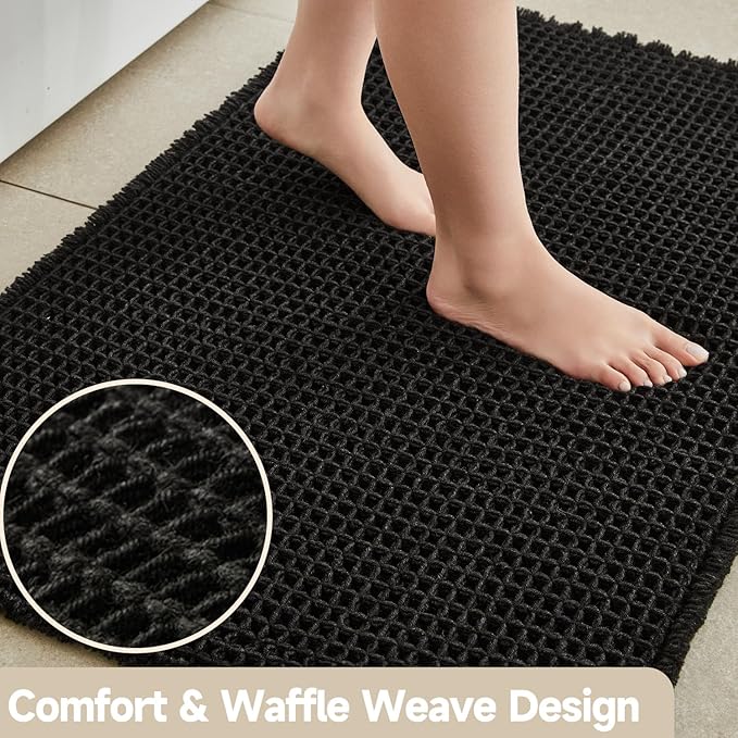 Black Bathroom Rug, Waffle Bath Mat Non Slip Washable Super Absorbent Quick Dry Boho Farmhouse Bathroom Decor, 24"x16" Black