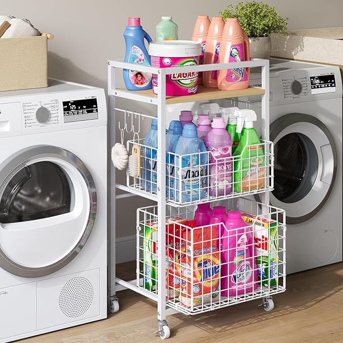 3 Tier Laundry Room Cart with Pull-Out Baskets, Utility Cart Rolling Storage Cart with Wheels Bathroom Organizers Storage Shelf with Wood Top Laundry Room Organization and Storage, White