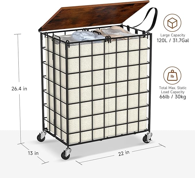 Laundry Basket with Wheels, Heavy Duty Laundry Sorter 2 Sections, Large Capacity Laundry Hamper with Wood Lid, 360 Rolling Wheels, Extra Side Pocket, Leather Pull Handle (Beige)