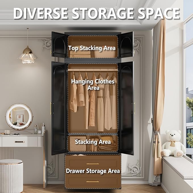Metal Armoire Wardrobe Cabinet, 86" Tall Wardrobe Closet with Doors, Black Clothing Storage Cabinet with Hanging Rod, Large Armoire for Bedroom, Office, School, Gym
