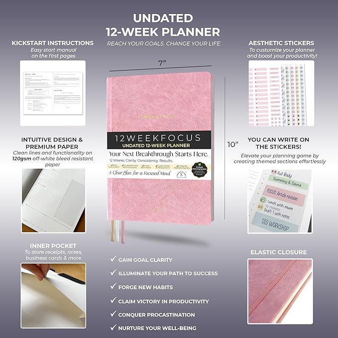 12 Week Focus Planner: High Performance Project Planner - Stay Focused and Achieve your Goals - Weekly and Daily Pages with Scientifically Proven Prompts - Undated, 7x10inch Pink Hardcover