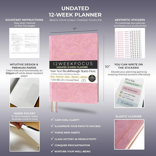 12 Week Focus Planner: High Performance Project Planner - Stay Focused and Achieve your Goals - Weekly and Daily Pages with Scientifically Proven Prompts - Undated, 7x10inch Pink Hardcover