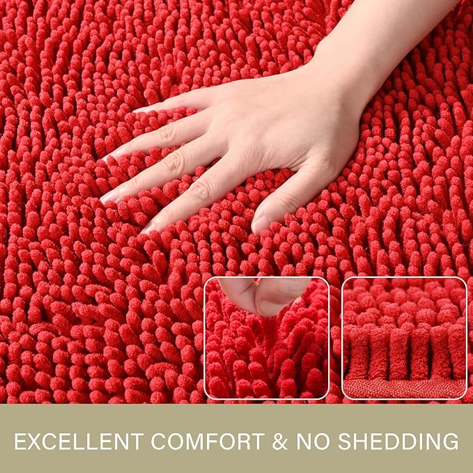 LOCHAS Luxury Bathroom Rug Shaggy Bath Mat 24 x 60 Inch, Washable Non Slip Bath Rugs for Bathroom Shower, Soft Plush Chenille Absorbent Carpets Mats, Red