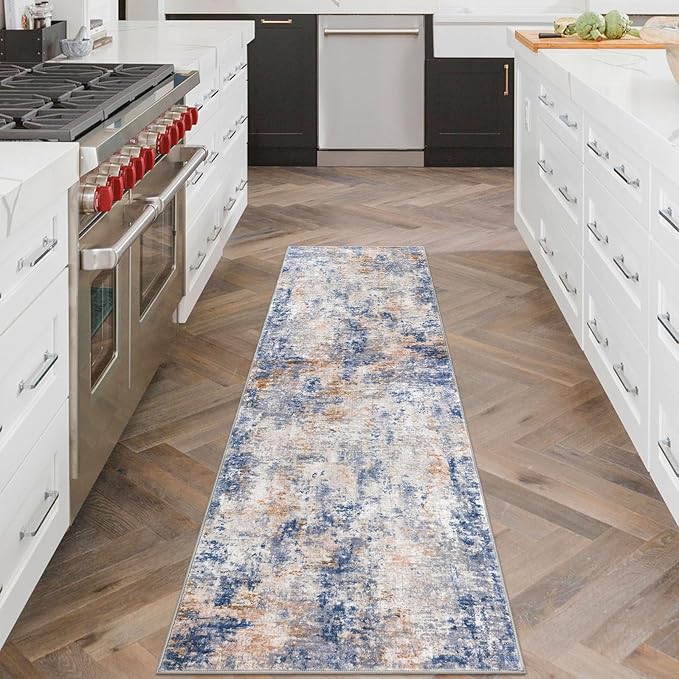 Modern Abstract Runner Rug 2x6, Grey Blue Orange Multi Washable Kitchen Runner Non-Slip Soft Hallway Rug Runner Thin Print Faux Wool Carpet for Entryway Bedroom Laundry Room Indoor Home Decor