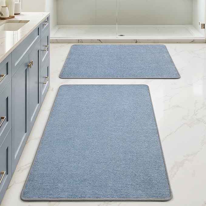 MIULEE Set of 2 Ultra Thin Bathroom Rugs, Rubber Bath Mats for Bathroom Non Slip, Quick Dry Absorbent Bath Rug Machine Washable, Fit Under Door, Shower, Sink, Home Decor, Blue, 24x36 Inch