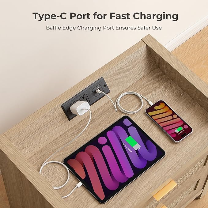 SICOTAS Rattan Nightstand Bedside Table - Night Stand with Type-C Charging Station, 2 Drawers Storage - Boho Night Stands End Table for Bedroom - Light Oak