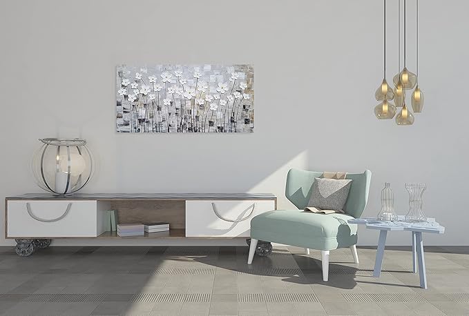 YHSKY ARTS Flower Picture Wall Decor with Heavy Textured Modern Grey and White 3D Paintings Contemporary Aesthetic Artwork for Living Room Bedroom Bathroom Decor