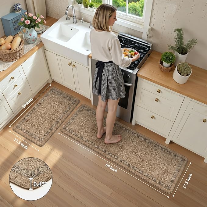 KIMODE Farmhouse Anti Fatigue Kitchen Mat, 17"x59"+17"x29" Vintage Kitchen Rugs, Waterproof Kitchen Floor Mats Non Slip, Comfort Foam Standing Mat for Sink, Laundry, Office, Desk Brown