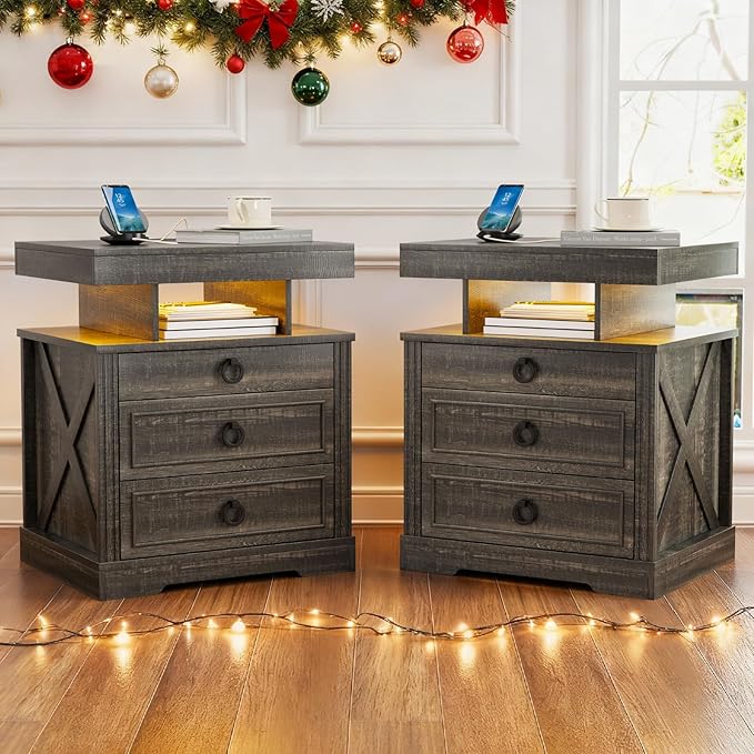 Gurexl Farmhouse Set of 2 Night Stand with Lockable Gun Drawer,LED Nightstand with Charging Station,Bedside Table with Human Sensor 3-Color Lights,End Table with 3 Drawers,Bedroom,Rustic