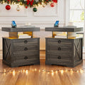 Gurexl Farmhouse Set of 2 Night Stand with Lockable Gun Drawer,LED Nightstand with Charging Station,Bedside Table with Human Sensor 3-Color Lights,End Table with 3 Drawers,Bedroom,Rustic