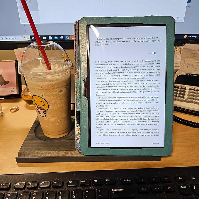 Wooden Book Holder with Drink Holder, Wooden Triangle Bookmark Reading Rest with Slotted, Book Display Bookmark Book Holder Decor for Coffee and Book Lover Gifts (Greenish Gray)