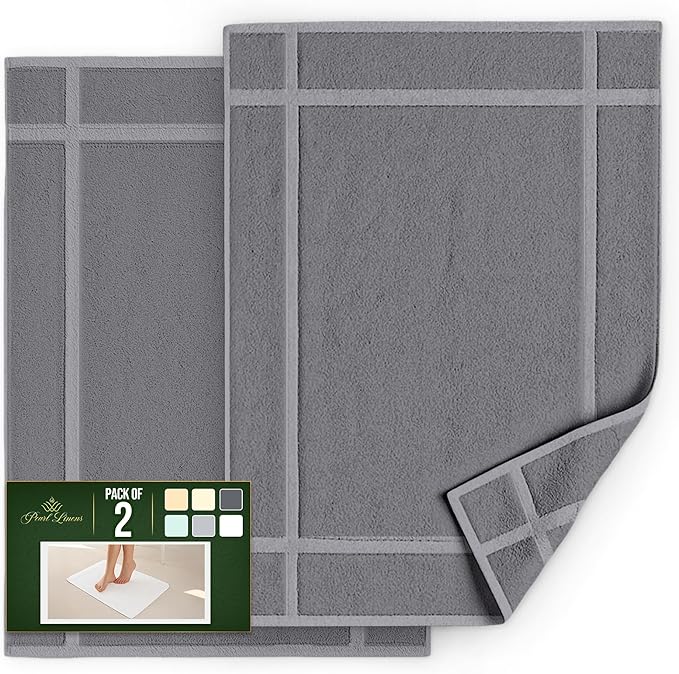 Pearl Linens 100% Ring Spun Cotton Bath Mat (Pack of 2) 18 x 25 Inch, Washable, Soft & Absorbent Terry Bathroom Floor Mat – Not Bathroom Rugs – Quick-Dry After Shower Bath Mat, 687 GSM, Light Grey