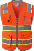 JKSafety 9 Pockets Hi-Vis Safety Vest Breathable Mesh Fabric Cushioned Collar Work Utility PPE Lightweight Industrial Work Gear ANSI/ISEA compliant (101-Orange L)