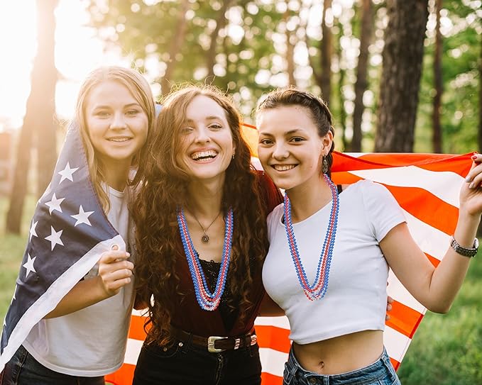 Moon Boat 4th of July Accessories Necklaces: Blue White and Red Beads Bulk, Patriotic Party Independence Memorial Day Favors Toys Decorations, 120 Pieces