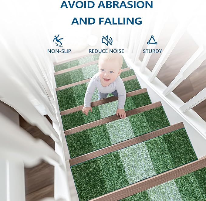 OLANLY Stair Treads Non Slip 15PCS, 8" x 30" Indoor Stair Runners for Wooden Steps, Edging Stair Rugs with Reusable Peel and Stick Adhesive for Kids Elders and Pets, Green