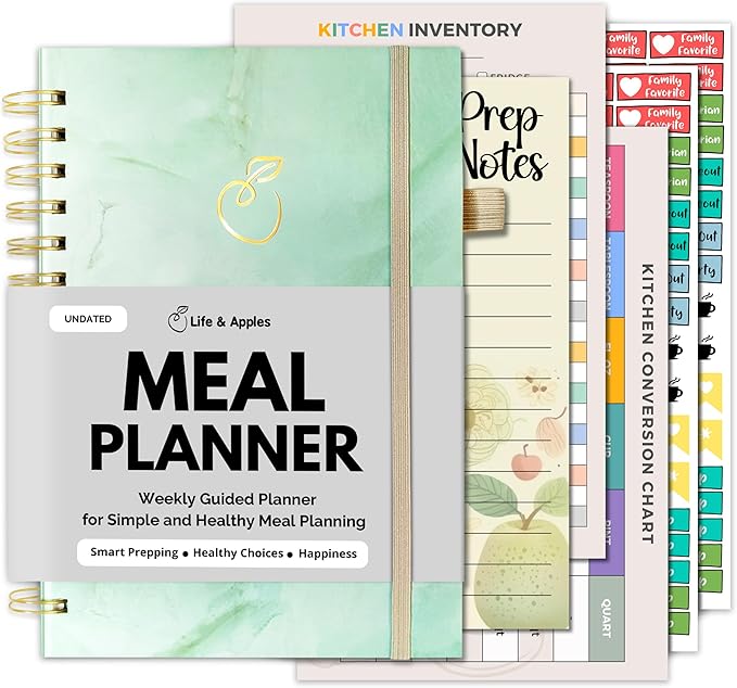 Life & Apples Meal Planner with Grocery List – Undated Weekly Menu & Meal Prep Notebook for Women & Men, Healthy Eating & Weight Loss Planner, 52-Week Spiral Bound Journal, Mint