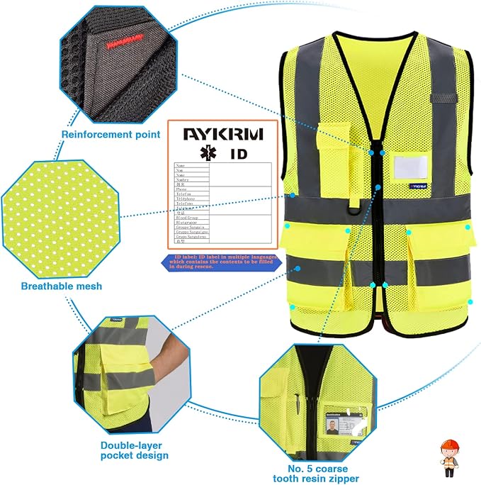A-SAFETY High Visibility Mesh Safety Reflective Vest with Pockets and Zipper,Hi Vis Viz Reflective Safety Vest(Yellow Mesh 4XL-5XL)