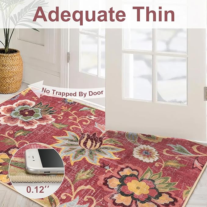 Beeiva Floral 4x6 Rug for Bedroom, Vintage Machine Washable Area Rugs, Ultra Thin Living Room Carpet Lightweight Red Paisley Print Carpet for Bedroom Entryway Bathroom Office Christmas