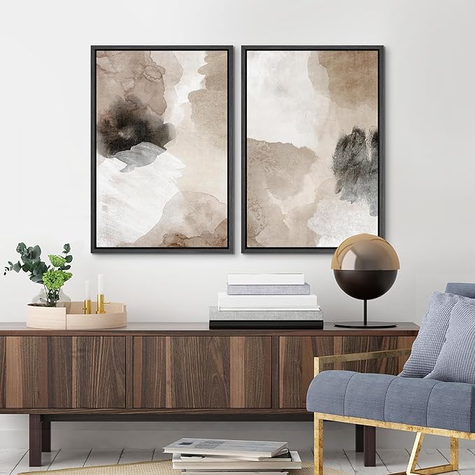 MUDECOR Framed Canvas Print Wall Art Watercolor Brown White Black Collage Abstract Shape Illustrations Modern Art Decorative Bohemian Colorful Chic for Living Room, Bedroom, Office - 16"x24"x2 Black